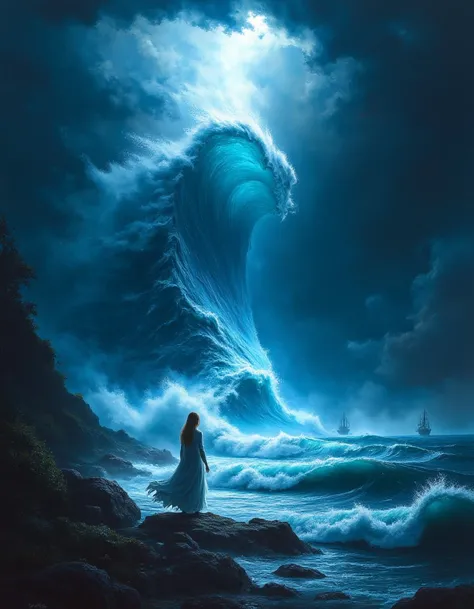 detailed scene, aalone figure in a flowing, ethereal robe stands at the edge of a stormy coastline, facing a towering, churning ...