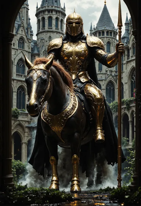 a towering knight clad in gleaming golden armor, wielding a halberd and shield, mounted on a formidable armored steed, patrols t...