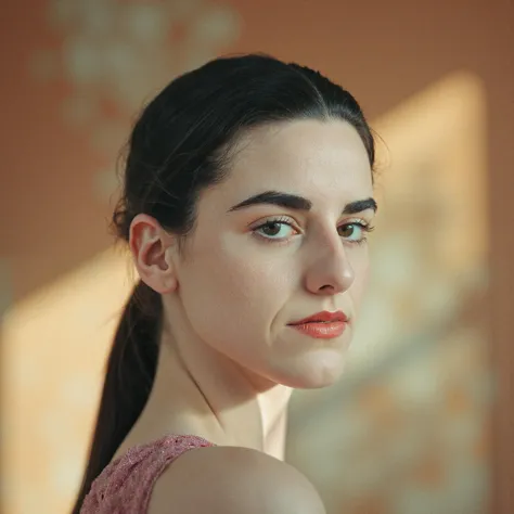 a mesmerizing portrait photograph of c4itcl4rk with her hair tied into a ponytail, framed against a softly blurred background of...