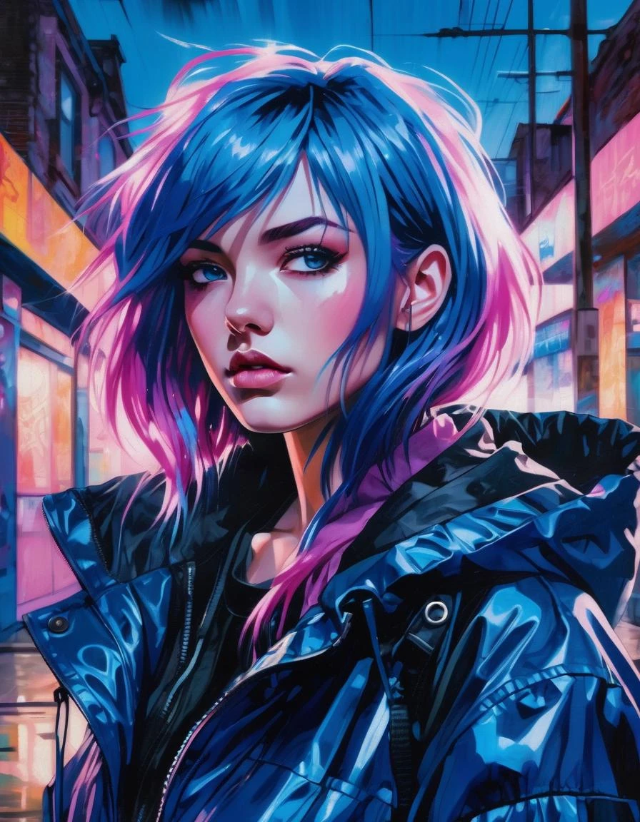 Аниме девушка с синими волосами в темной куртке, в стиле hdr, сюрреалистичные городские сцены, комическое искусство, дочь Ханны, светло-пурпурный и синий, блестящие глаза, цифровой неоэкспрессионизм