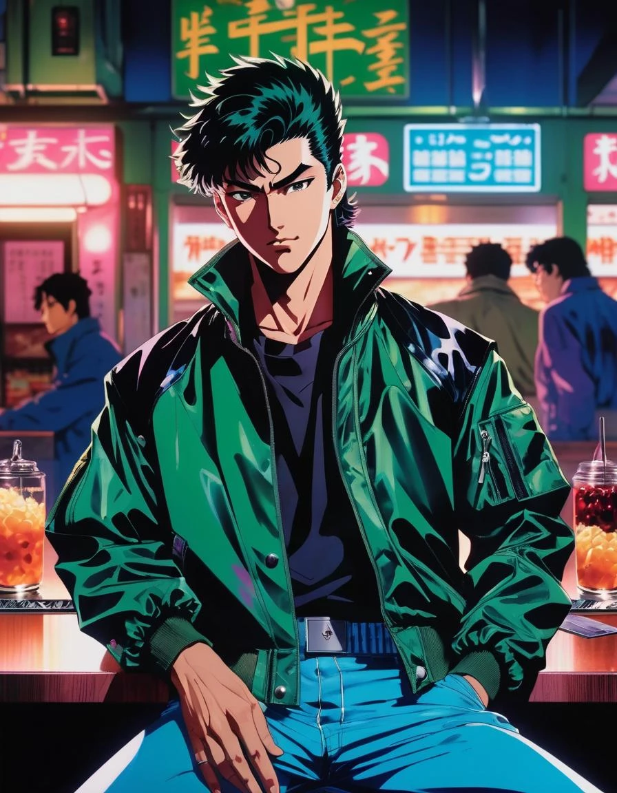 Anime-Manga, berserk, Präsentiert ein modernes, Bomberjacke im Farbblockdesign mit übertriebenen Ärmeln und schmal geschnittenen Jogginghosen, Schönes Anime-Porträt, Classic diner, Retro-Atmosphäre, Leuchtreklamen, Vintage-Stil, nostalgisches Ambiente, Junji Ito-Stil, Kentaro Miura Manga-Kunst, ein Mann in einer grünen Jacke, Manga-Stil von Kentaro Miura, im Kunststil des 80er Anime, hübscher Typ in der Dämonentöter-Kunst, 1980's anime style, 8 0 s Anime-Kunststil, digital cyberpunk anime art, cyberpunk anime art, digital cyberpunk - anime art, 9 0 s Anime-Kunststil, 8 0 s Anime-Stil