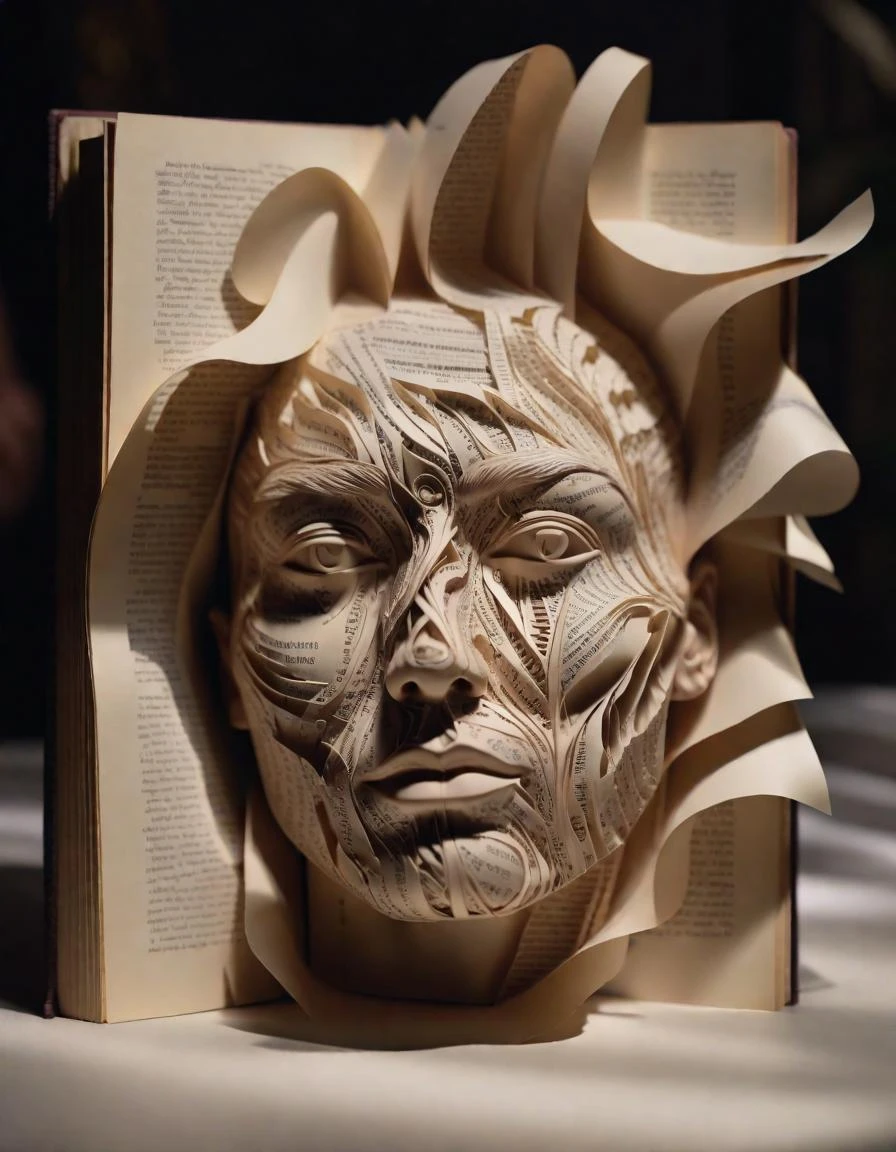 Ein surreales Porträt eines menschlichen Gesichts, das wie ein Buch geöffnet wird, komplizierte, genaue Details, Den Übergang von der Haut zum Papier festhalten, 8K