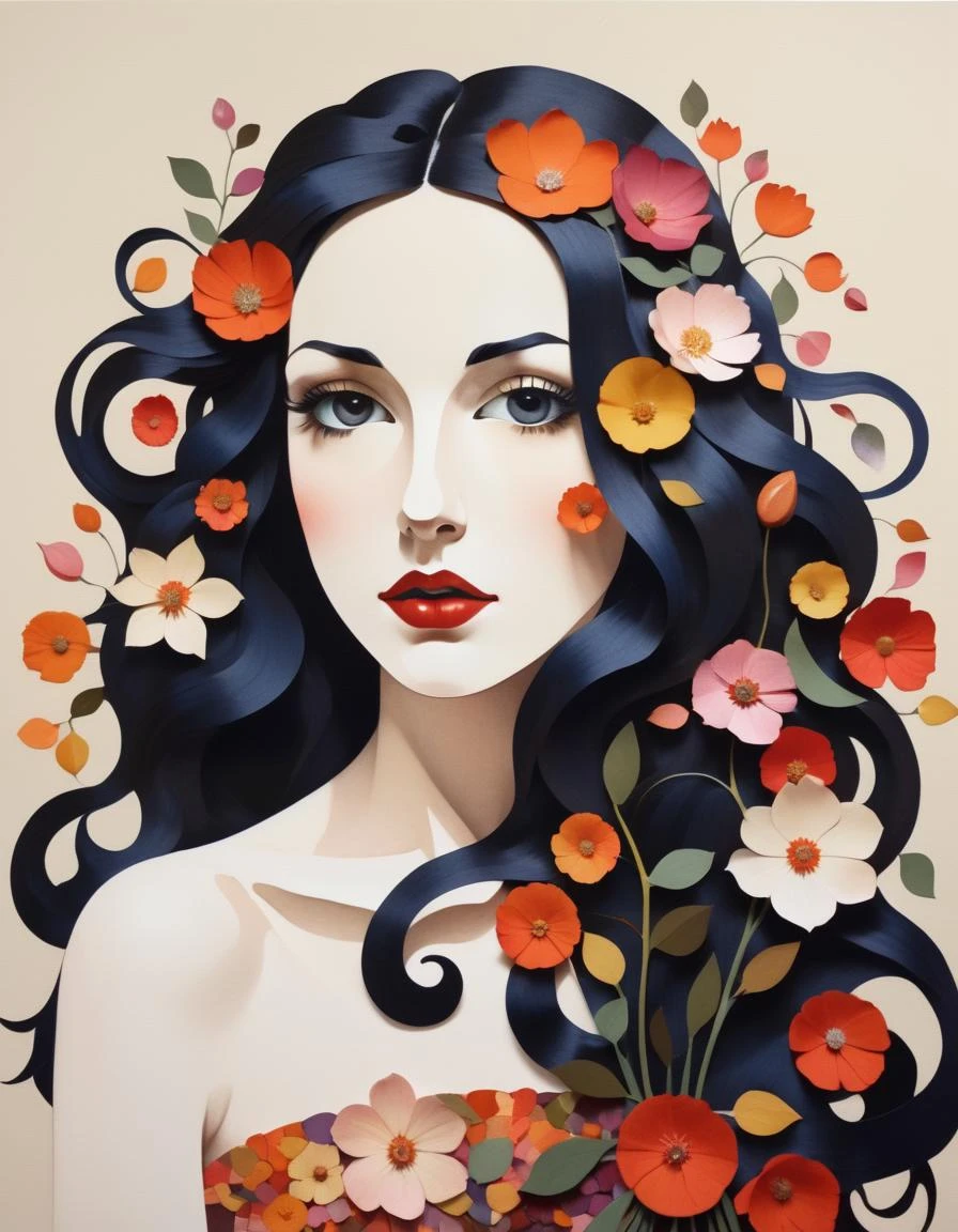 Причудливая иллюстрация женщины с длинными распущенными волосами, сделанная из цветущих лепестков цветов.. У дамы большие круглые глаза и маленький рот.. модульный конструктивизм, вдохновлен творчеством Эмиля Орлика.