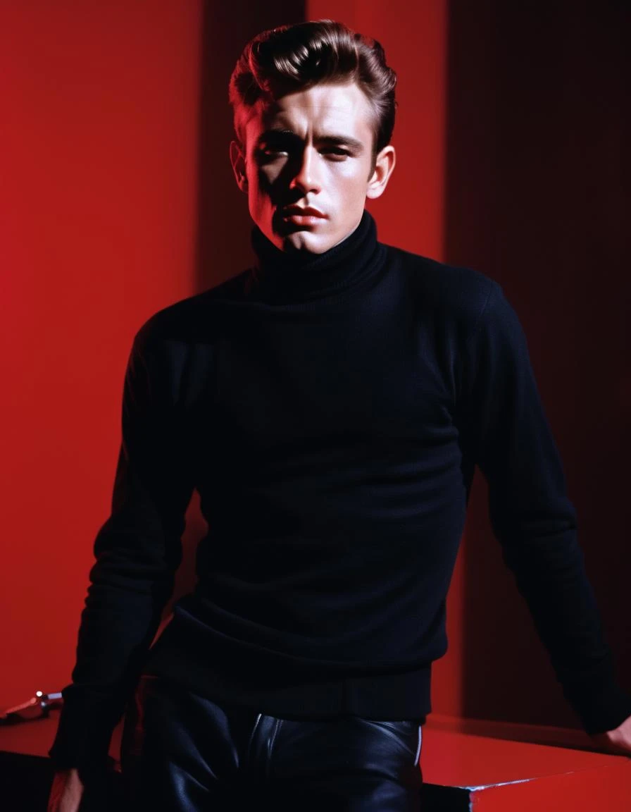 James Dean, gola alta preta, pose marcante, pano de fundo vermelho, contornos em negrito, no estilo de Andy Warhol