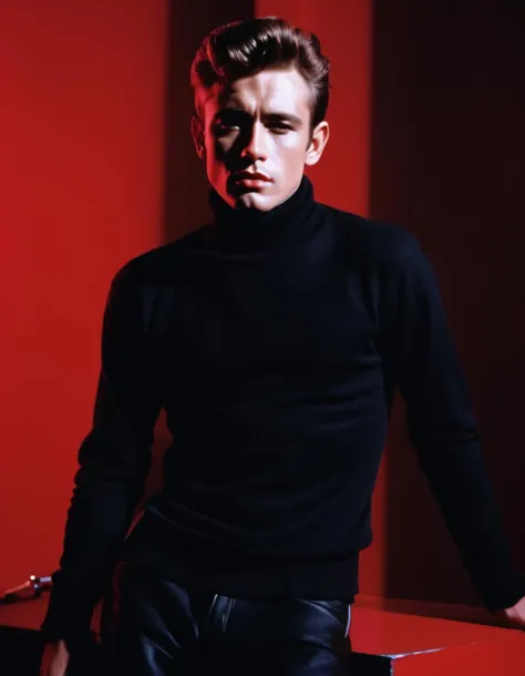 James Dean, black turtleneck, striking pose, red backdrop, bold outlines, in the style of Andy Warhol