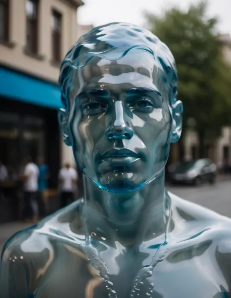 portrait of a water man (made of water:1.4) standing in the street, made of fluid, transparent water
