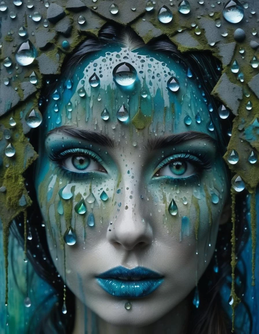 Um close-up dos olhos de uma mulher, com gotículas de água se formando na superfície. Os olhos são cercados por uma moldura inspirada na arte concreta, com negrito, formas geométricas em tons de azul, verde, e cinza. O design lembra o estilo do Studio Ghibli, com um toque do surrealismo de zdzislaw beksinski.