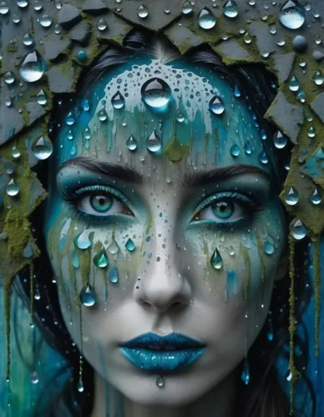 A close-up of a woman's eyes, with water droplets forming on the surface. The eyes are surrounded by a concrete art-inspired fra...