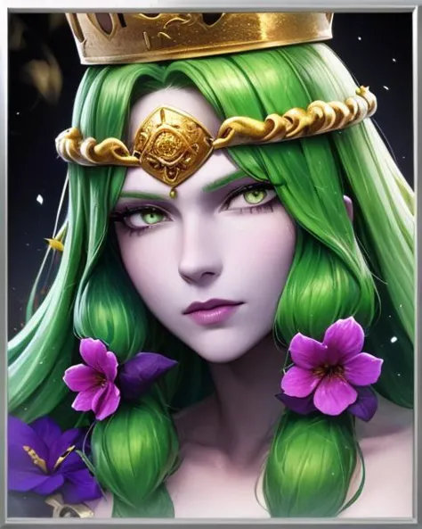 masterpiece, portrait of beautiful druid queen, wooden crown with flowers and leaves, colored skin, purple skin, deep white eyes...