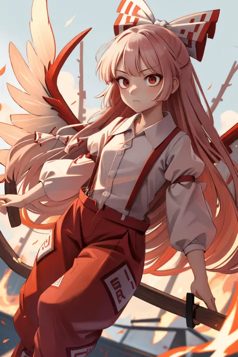 anime girl with long hair and wings flying over a city