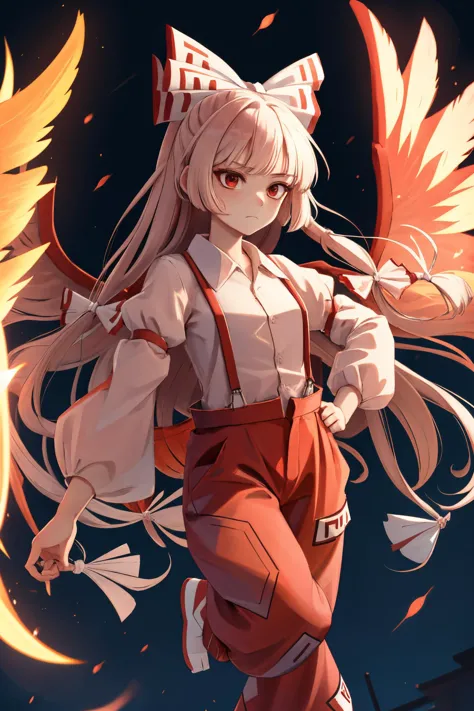 detailed_background,outdoors,highres,fiery_wings,arm_belt,suspenders,1girl,red_pants,feet_out_of_frame,touhou,red_eyes,ofuda_on_clothes,long_sleeves,very_long_hair,fujiwara_no_mokou,hand_on_own_hip,two-tone_bow,shirt,closed_mouth,puffy_sleeves,wings,pants,bow,burnt_clothes,hair_bow,absurdres,ofuda,white_shirt,solo,white_bow,red_bow,expressionless,looking_at_viewer,juliet_sleeves,long_hair,fire,kotatsu_kaya <lora:mokou:0.8>