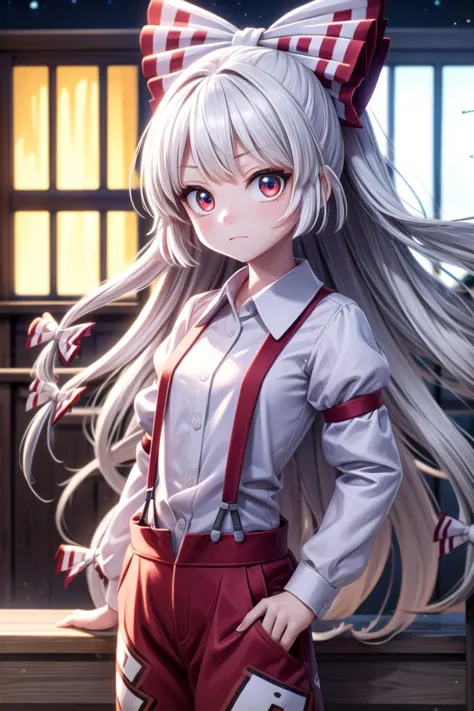 anime girl with long hair and red suspenders standing in front of a window