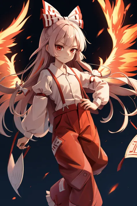 detailed_background,outdoors,highres,fiery_wings,arm_belt,suspenders,1girl,red_pants,feet_out_of_frame,touhou,red_eyes,ofuda_on_clothes,long_sleeves,very_long_hair,fujiwara_no_mokou,hand_on_own_hip,two-tone_bow,shirt,closed_mouth,puffy_sleeves,wings,pants,bow,burnt_clothes,hair_bow,absurdres,ofuda,white_shirt,solo,white_bow,red_bow,expressionless,looking_at_viewer,juliet_sleeves,long_hair,fire,kotatsu_kaya <lora:mokou:0.8>