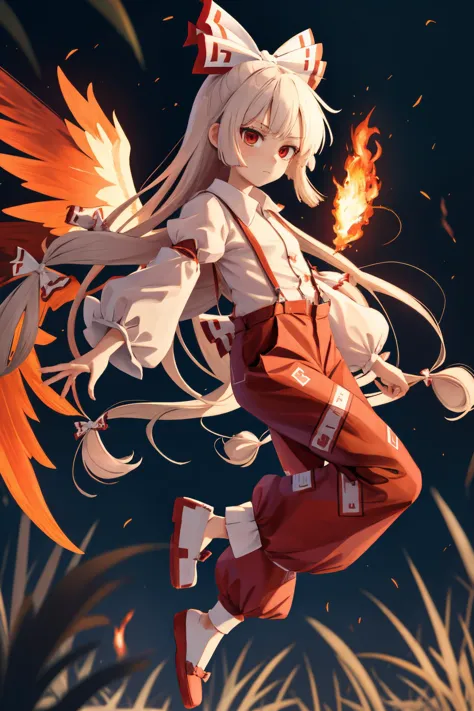 detailed_background,outdoors,highres,fiery_wings,arm_belt,suspenders,1girl,red_pants,feet_out_of_frame,touhou,red_eyes,ofuda_on_clothes,long_sleeves,very_long_hair,fujiwara_no_mokou,hand_on_own_hip,two-tone_bow,shirt,closed_mouth,puffy_sleeves,wings,pants,bow,burnt_clothes,hair_bow,absurdres,ofuda,white_shirt,solo,white_bow,red_bow,expressionless,looking_at_viewer,juliet_sleeves,long_hair,fire,kotatsu_kaya <lora:mokou:0.8>