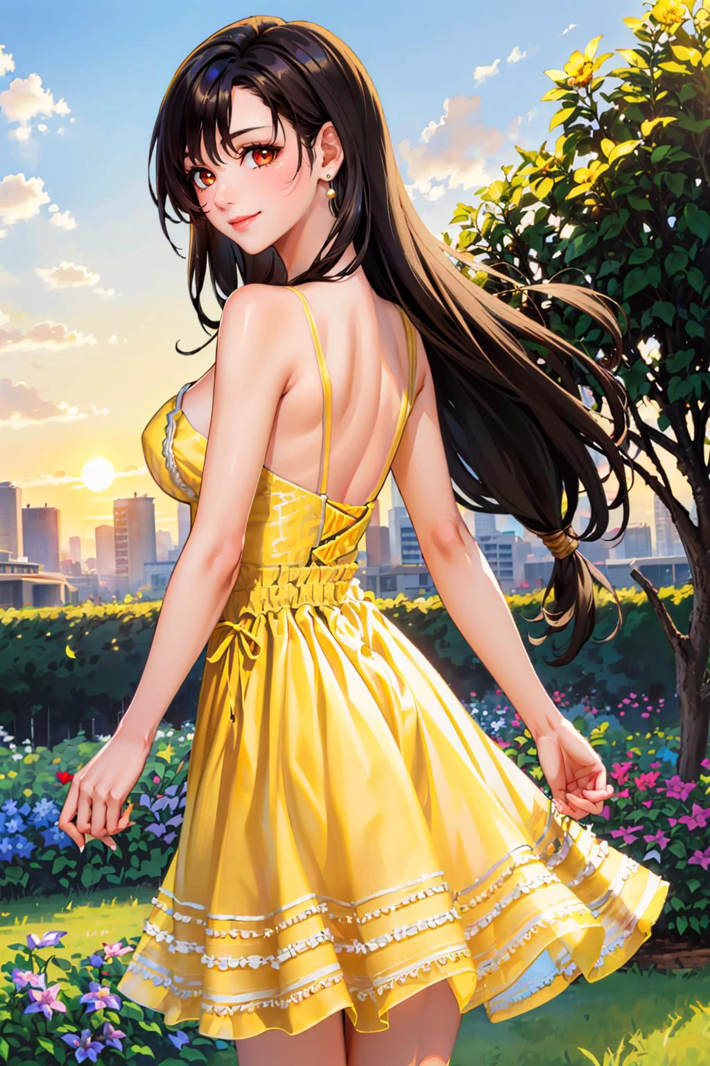 masterpiece, best quality, defTifa, red eyes, low-tied long hair, earrings, (yellow sundress:1.4), from behind, garden, sunset, smile, large breasts, cityscape edgYSD,woman wearing a yellow sundress