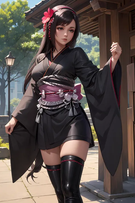 <lora:tifa-nvwls-v1-final:0.8> edTifa, hairband, hair flower, black kimono, sash, black thighhighs, cross-laced boots