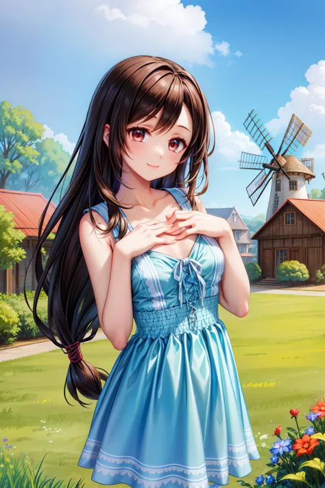 masterpiece, best quality, <lora:tifa-nvwls-v2-000008:0.9> pastTifa, red eyes, low-tied long hair, green sundress, sleeveless, l...