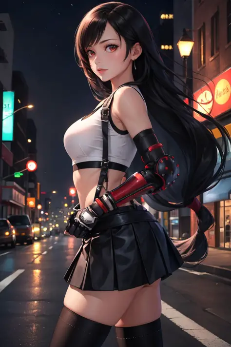 masterpiece, best quality, 7rtifa, crop top, arm guards, fingerless gloves, suspenders, pleated miniskirt, black thighhighs, fis...