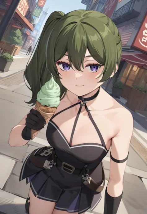 anime girl with green hair and black dress holding an ice cream cone