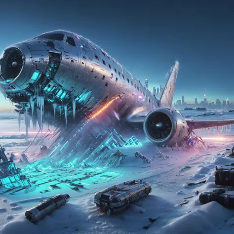 Crashed airplane in a futuristic frozen cyberpunk neon lit tundra mega city <lora:sdxl_lora_crashed_airplane:0.8><lora:DonMFr0stP4nk-000006:1>, DonMFr0stP4nkXL, ice, snow, snowy ground, frost, hologram, holographic,led lights, (at night:1.2), neon glow, 8k, uhd, cinematic,star filled sky,  ultra-detailed, cyberpunk cityscape background <lora:SDXLHighDetail_v5:1>