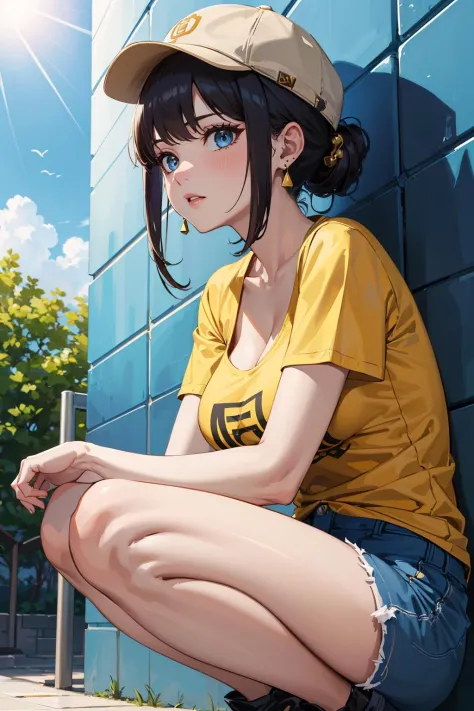 masterpiece,best quality,intricate details,
1girl,flat cap,large breasts,cleavage,yellow t-shirt,earrings,updo hair,(fishnets:1.1),squatting,from below,blue shorts,
outdoors,tile wall,sunlight,
