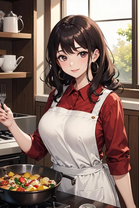 masterpiece,best quality,intricate details,
1girl,red shirt,white apron,large breasts,earrings,curly hair,long hair,smile, 
indoors,kitchen,shelf,frying pan,food,sunlight,window,