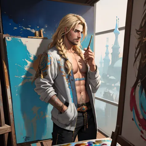 figurative art, medium full shot painting of a beautiful male Russian-Persian prince with long blond hair, abstraction texture g...