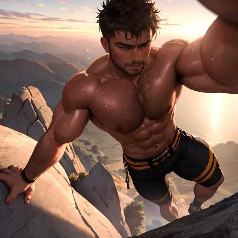 close-up body portrait, seen from above, handsome male, masculine, beefy, burly, skimpy outfit, (rock climbing:1.1), mid climb, ...