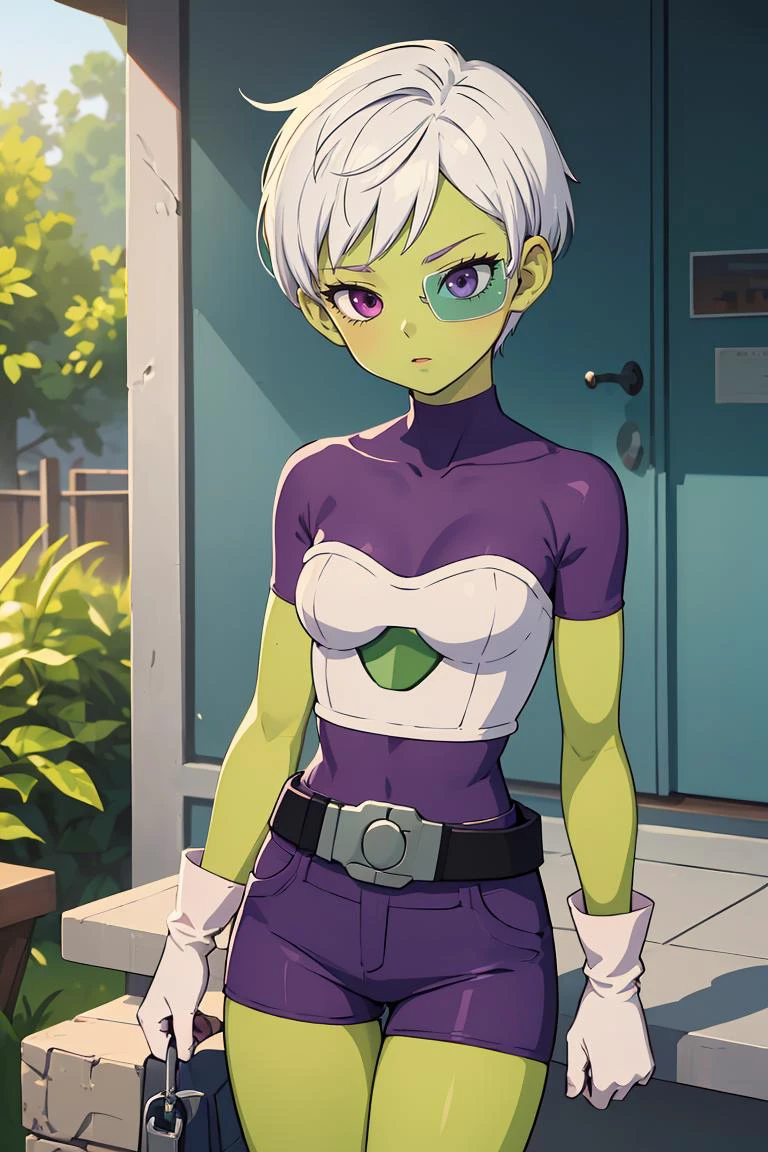 (masterpiece, best quality), 1girl,  cheelai, green skin, purple bodysuit, short sleeves, purple shorts, belt, armor, white gloves, tinted eyewear