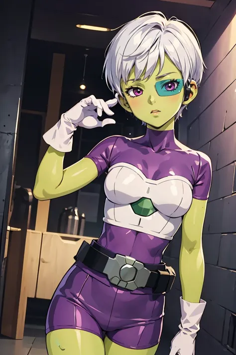 (masterpiece, best quality), 1girl,  <lora:cheelai-nvwls-v1:0.8> cheelai, green skin, purple bodysuit, short sleeves, purple shorts, belt, armor, white gloves, tinted eyewear