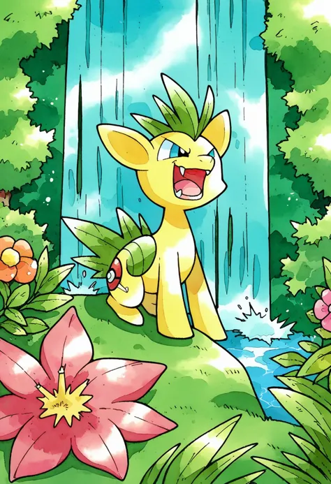 a cartoon picture of a yellow pokemon sitting in front of a waterfall