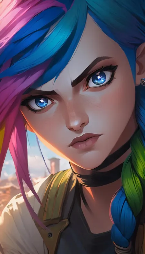 Extreme close-up, portrait of a female rogue, multicolored mixed colored rainbow hair, extremely beautiful detailed piercing eyes, flying though a paradox, cinematic scene, scenery, detailed background, masterpiece, best quality, high quality, highres, abs...