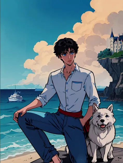 masterpiece, best quality, finely detailed,a boy kamui with black hair and blue eyes wearing a white loose shirt (red sash) and blue baggy pants at the beach with a (castle on a cliff) as background, with a (old english sheepdog) beside him