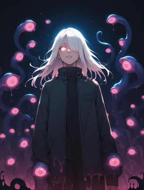 a girl with white hair and pink eyes stands in front of a dark background with pink and purple circles