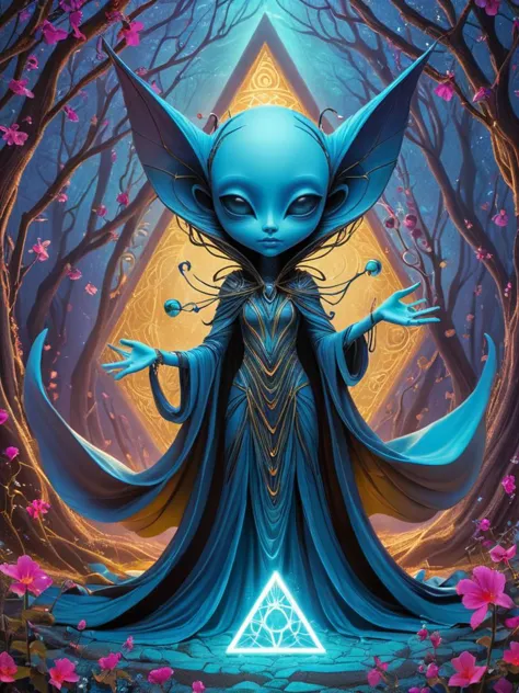 a blue alien with a long tail and a long face stands in a forest