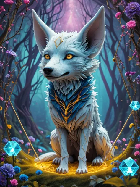 award winning photograph of a direwolf in an vibrant colored enchanted wonderland, magical, whimsical, fantasy art concept, indi...