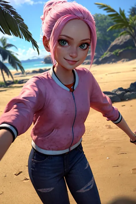 a close up of a person on a beach with a pink jacket