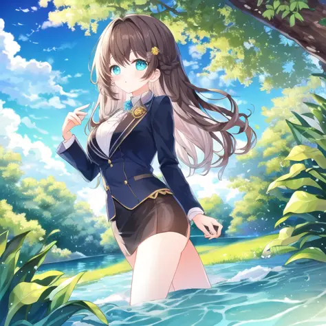 masterpiece, best quality, fantasy, forest, trees, sky, lake, bush, flower, (1girl, brown hair, aqua eyes, suit)  <lora:lora_m-c...