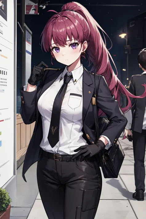 highres, highest quallity, 1girl, adult, solo_focus, solo, dolla \(nikke\), purple eyes, dolladef, suit, jacket, black gloves, black pants, necktie