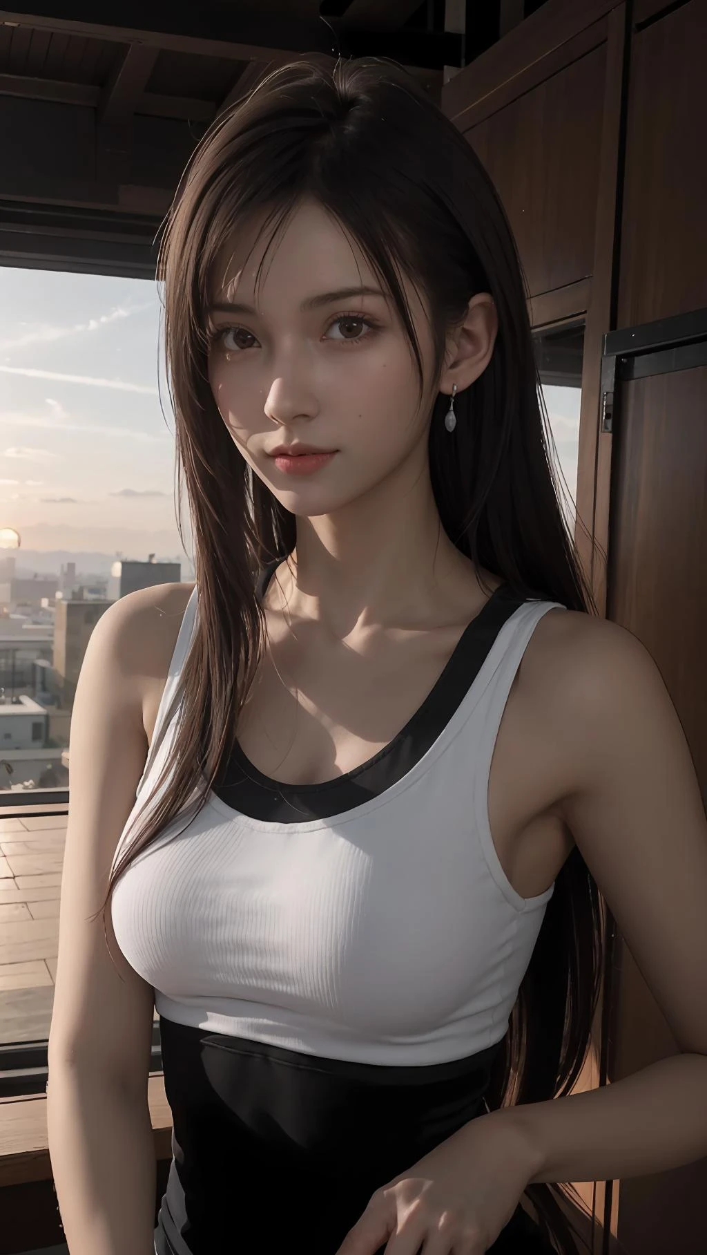 best quality,masterpiece,8k wallpaper,absurdres, highres, ultra detailed, (1 young beautiful girl, solo:1.1),tifa lockhart \(cosplay\),indoors,sunset, streamline, 