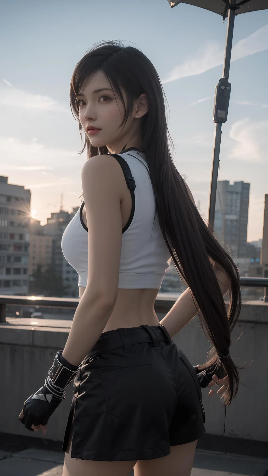 best quality,masterpiece,8k wallpaper,absurdres, highres, ultra detailed, (1 young beautiful girl, solo:1.1),tifa lockhart \(cosplay\), outdoors,sunset, streamline,