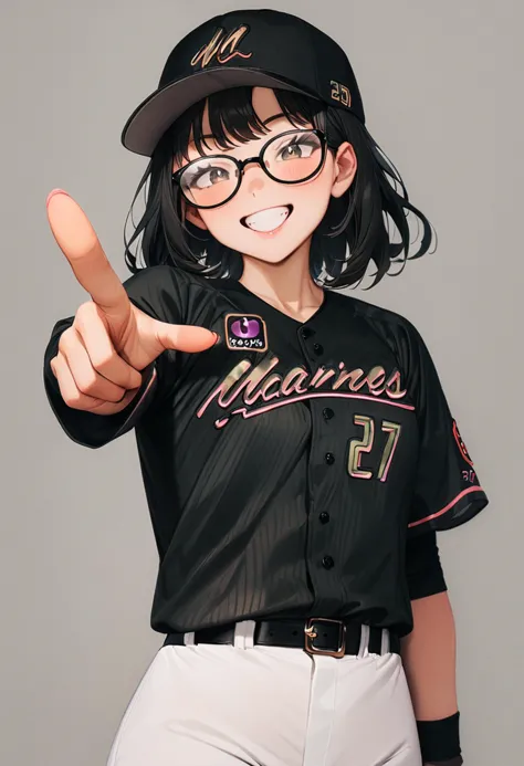 masterpiece, best quality, very aesthetic, absurdres,
1girl, glasses, black hair, medium hair,
BSW2024_27, baseball uniform, baseball cap, black shirt, white pants, happy, smile, looking at viewer, simple background, grey background, pointing at viewer, 
<lora:chiba_lotte_marines_BSW2024_SDXL_V1:1>