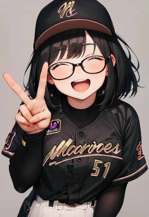 anime baseball player with glasses and a hat making a peace sign