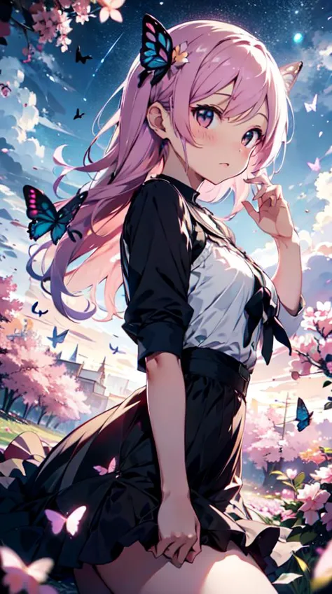 Butterflies, Light colors, eros, innocent, Dusk, dawn, flower petals, flower field ((best quality)), ((masterpiece)), <lora:PastelGothAI:0.6>  PastelGothAI