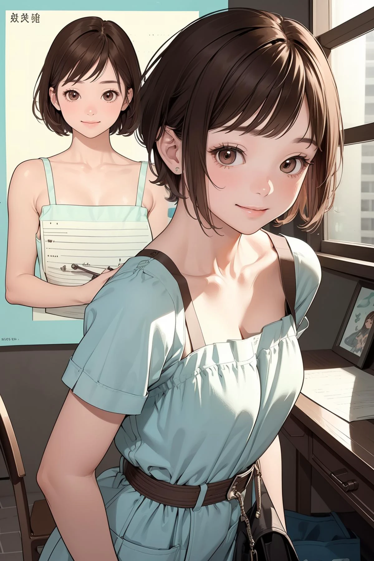 8k high quality detailed,highres,comic,anime,detailed image,
(an illustration of a teenage girl posing,magazine_sheet, (an illustration of girl,teenage girl)),(magazine_illustration),(multiple view manuscript),
(, MakiCounterStrike,1girl,short hair,brown hair,brown eyes),(Welcoming Smile),((onna zuwari):0.5),detailed_face,realistic_skin_texture,
(, edgAsianc,wearing edgAsianc),realistic clothing texture,