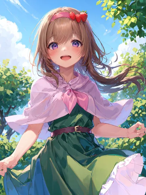 1 girl, best quality,ultra detailed, (minor:1.2), :d,
(green dress:1.2), strawberry hair ornament, (pink capelet, pink neckerchief:1.2), pink sash, <lyco:char_askicg_loha:0.8>,
cowboy shot, dancing, medieval fantasy, garden, catsle, daytime, clear sky,
 <lora:flat2:-0.2>, <lora:hairdetailer:0.5>, <lora:boldline:-1>,