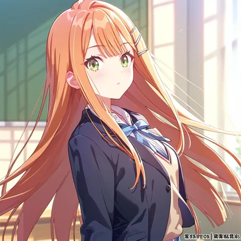 anime girl with long red hair and green eyes standing in front of a window