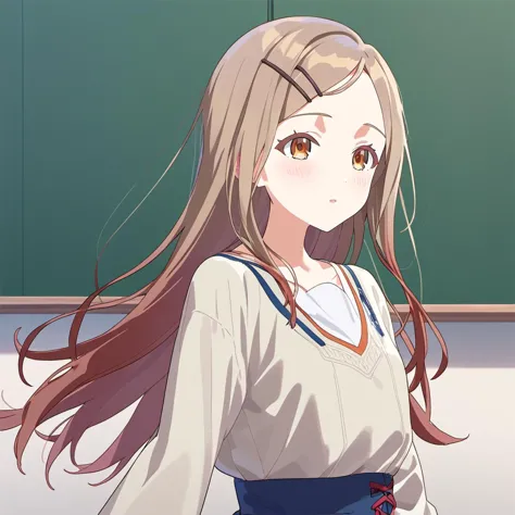 anime girl with long hair in front of a blackboard