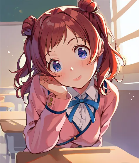 anime girl with ponytails sitting at a desk in a classroom