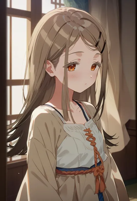 anime girl with long hair and orange eyes looking out a window